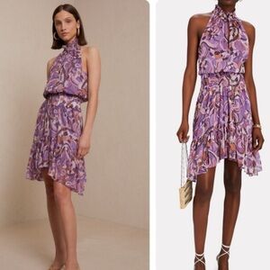 A.L.C. Cody Silk High Neck Ruffle Asymmetrical Dress Paisley Purple-Multi Size 2